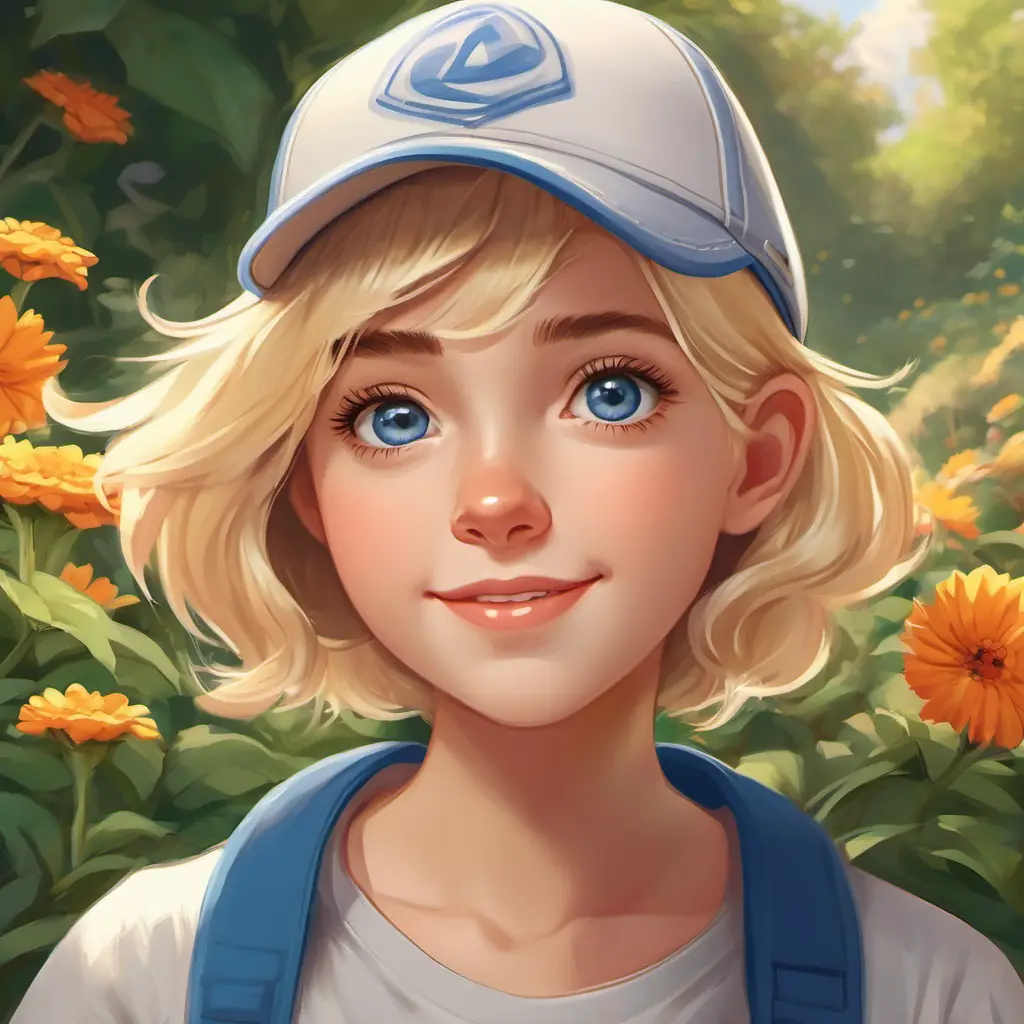 Short blonde hair, blue eyes, always in a baseball cap and t-shirt responds to Dark hair, deep brown eyes, usually wearing overalls and a wide smile, referencing their efforts in the garden.