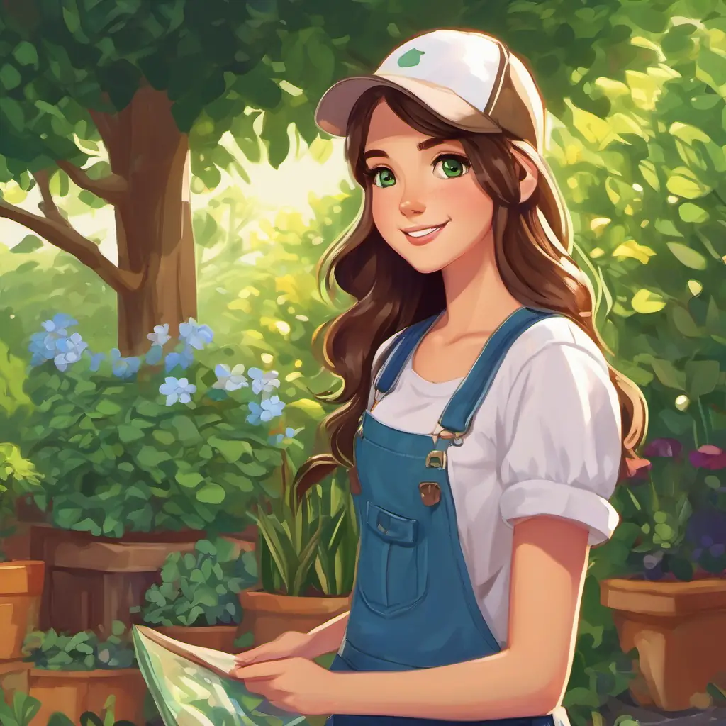 Long brown hair, green eyes, dresses in colorful skirts and loves jewelry acknowledges Dark hair, deep brown eyes, usually wearing overalls and a wide smile and Short blonde hair, blue eyes, always in a baseball cap and t-shirt's dedication to the garden.