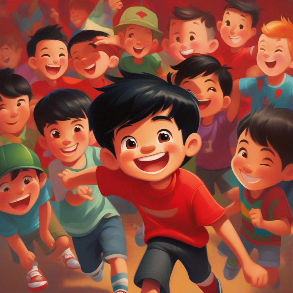 Illustration of Boy with black hair, red shirt, and mischievous smile with mischievous smile and friends playing.