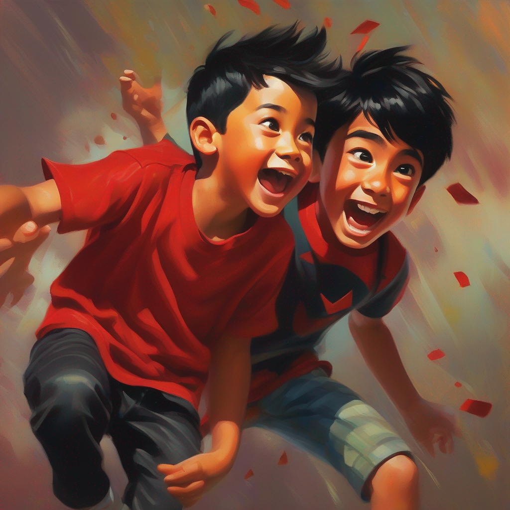 Illustration of Boy with black hair, red shirt, and mischievous smile playing a prank and friend falling down.