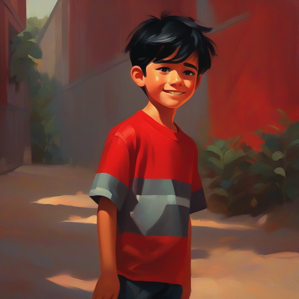 Illustration of Boy with black hair, red shirt, and mischievous smile feeling sad and saying sorry to his friend.