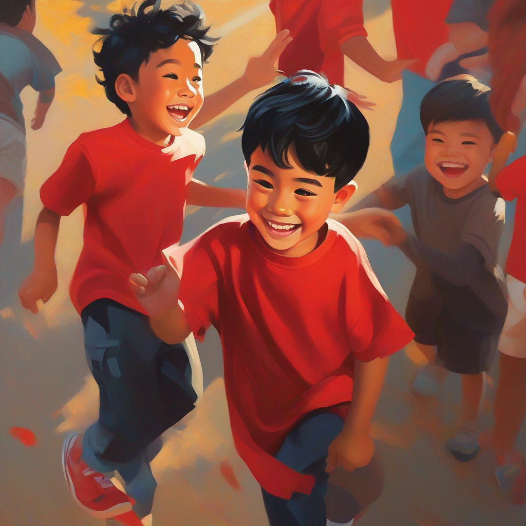 Illustration of Boy with black hair, red shirt, and mischievous smile helping his friend and smiling happily.