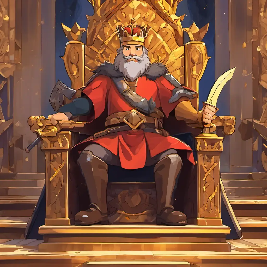 The king is sitting on a shiny, golden throne in his castle. Jack, the Jack, the wood cutter, has brown hair, strong arms, and a friendly smile, is standing in front of him holding an axe.