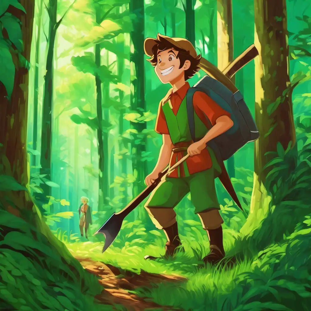 Jack is working happily in a lush green forest, cutting trees with his sharp axe. The king is smiling and watching him from a distance.