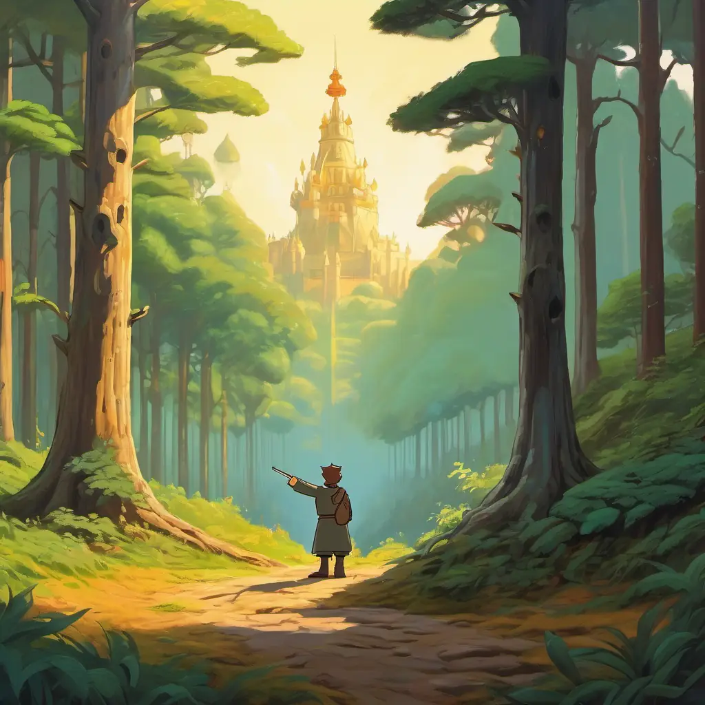 Jack is standing in front of the king, pointing towards the forest, where only a few trees are left.