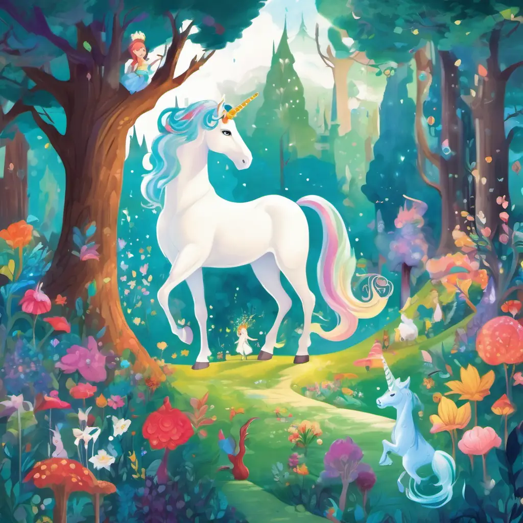 Enchanted Forest, with tall trees and colorful flowers. White unicorn with a shiny horn, Small fairy with a wand, Mermaid with long blue hair, and Gnome with a pointy hat walking together. A big tree with a puzzle carved on it.
