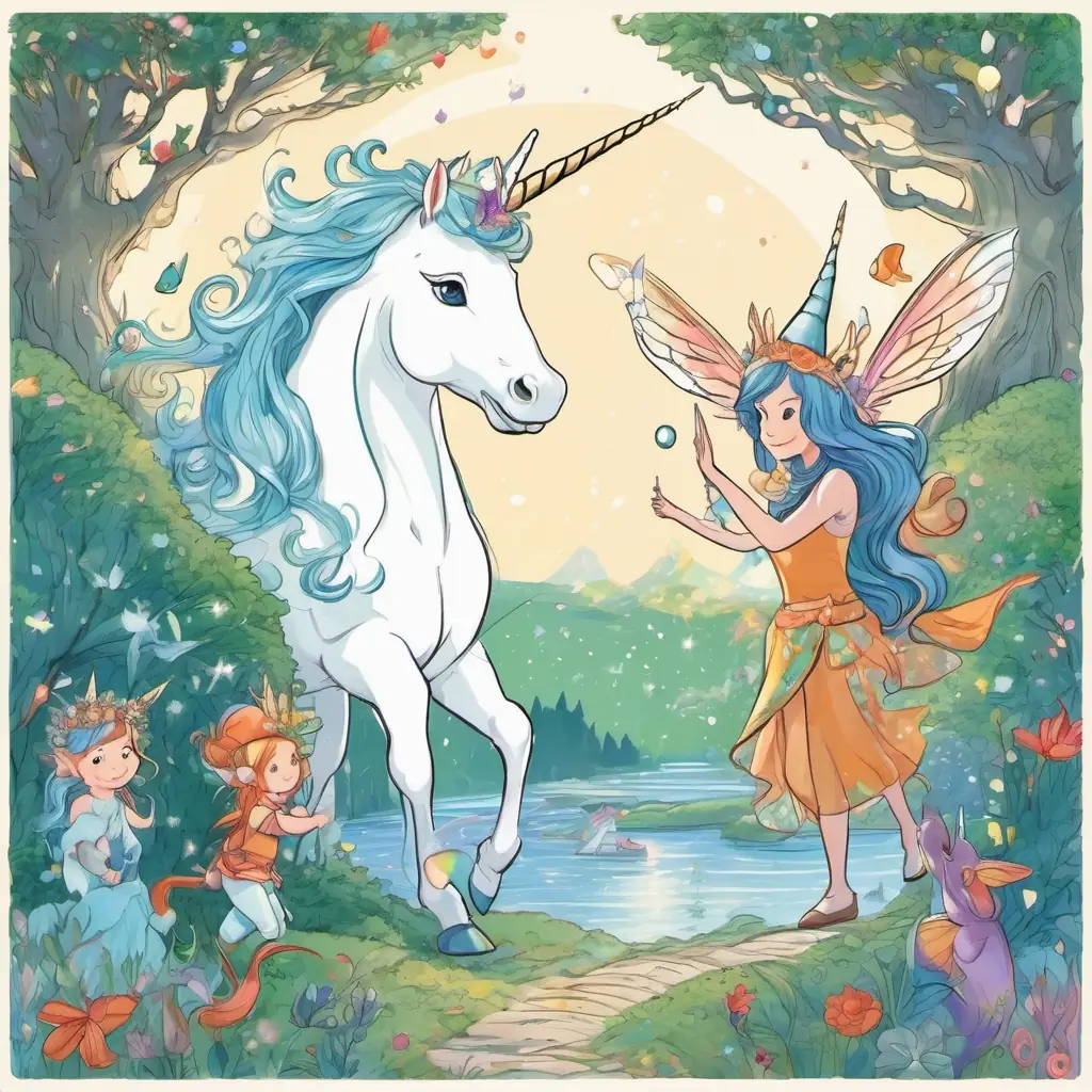 White unicorn with a shiny horn, Small fairy with a wand, Mermaid with long blue hair, and Gnome with a pointy hat smiling and high-fiving. The tree opening up to show a hidden path.