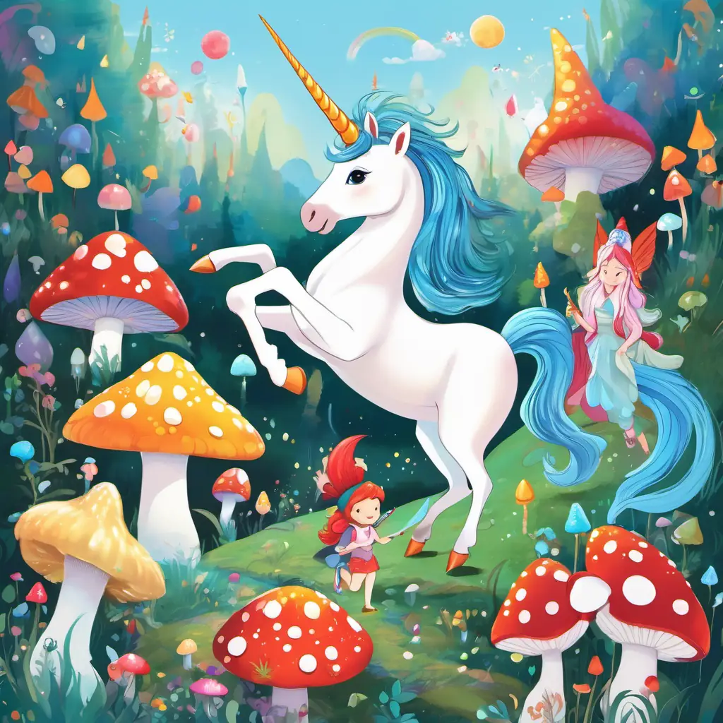 White unicorn with a shiny horn, Small fairy with a wand, Mermaid with long blue hair, and Gnome with a pointy hat surrounded by colorful mushrooms. White unicorn with a shiny horn counting the mushrooms and Small fairy with a wand adding the numbers.