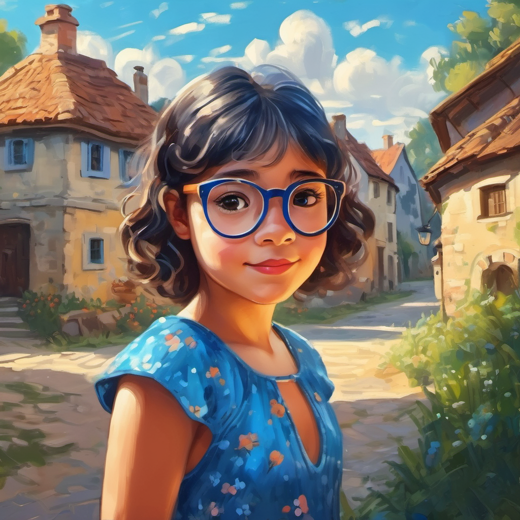 Curious girl with a sparkly blue dress and glasses., a curious girl in a small village