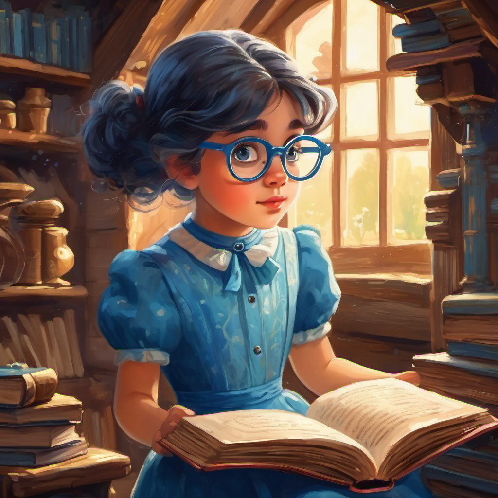 Curious girl with a sparkly blue dress and glasses. finding a dusty old book in the attic