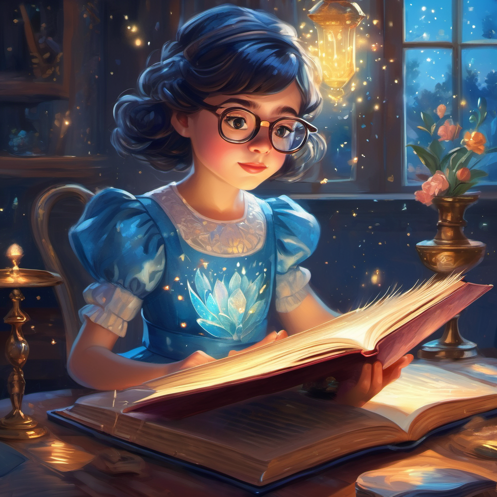 Curious girl with a sparkly blue dress and glasses. opening the book and seeing a magical world