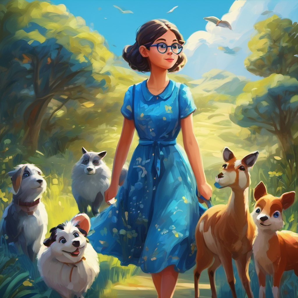 Curious girl with a sparkly blue dress and glasses. meeting talking animals and going on quests