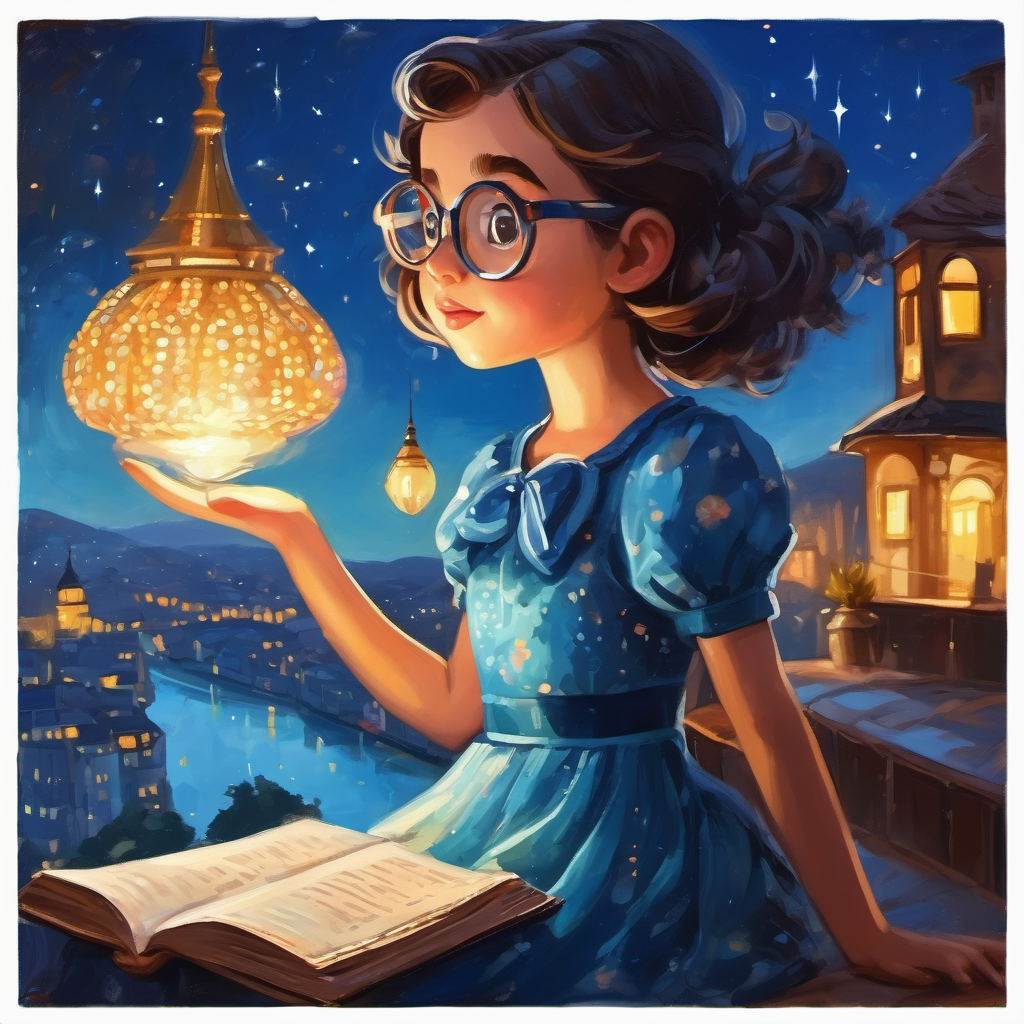 Curious girl with a sparkly blue dress and glasses. reading stories and traveling to new places