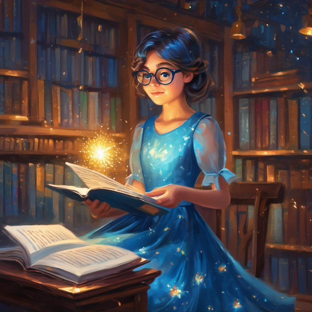 Reading opening Curious girl with a sparkly blue dress and glasses.'s imagination and teaching her new things