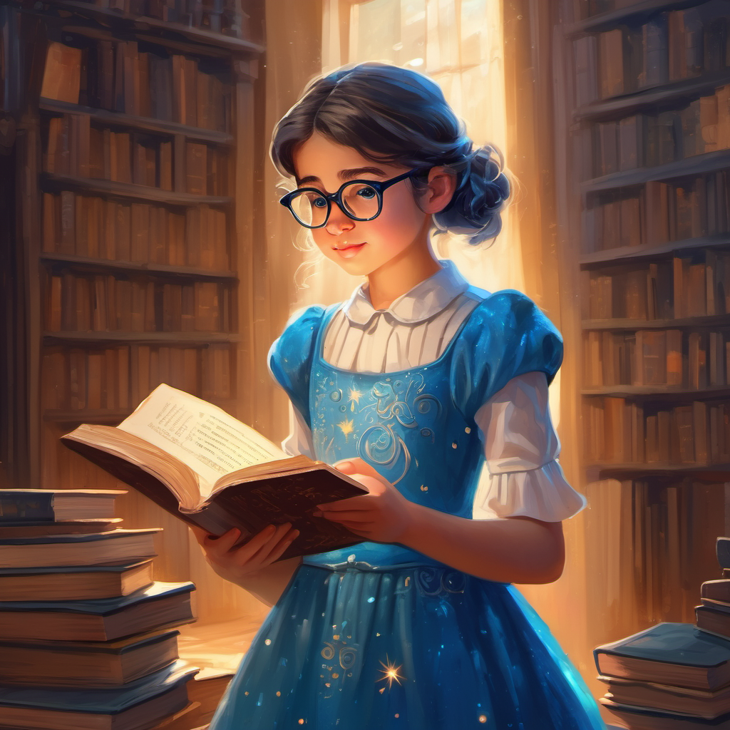 Curious girl with a sparkly blue dress and glasses. realizing that reading helps her achieve more