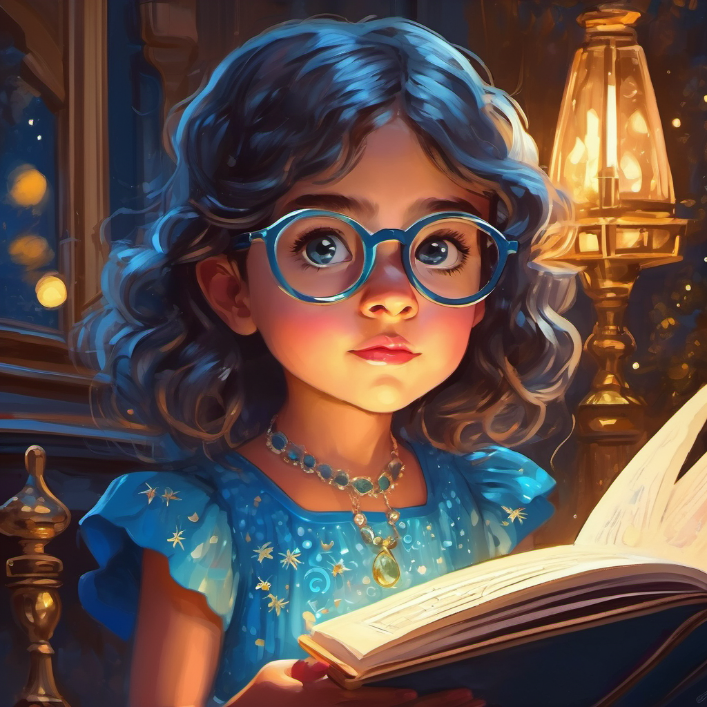 Curious girl with a sparkly blue dress and glasses. becoming an amazing storyteller by reading