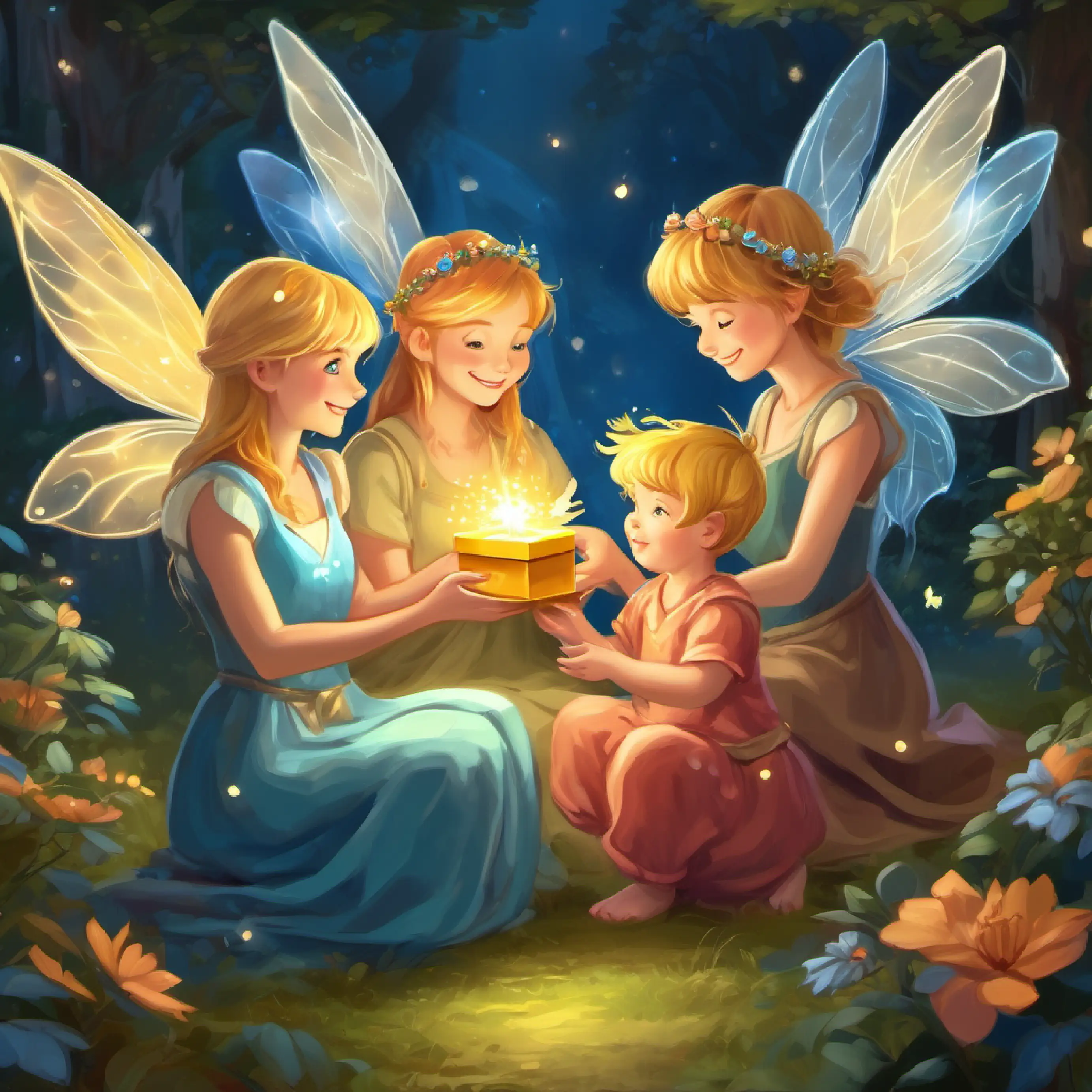 Three fairies giving gifts to baby Golden hair, blue eyes, beloved by all.