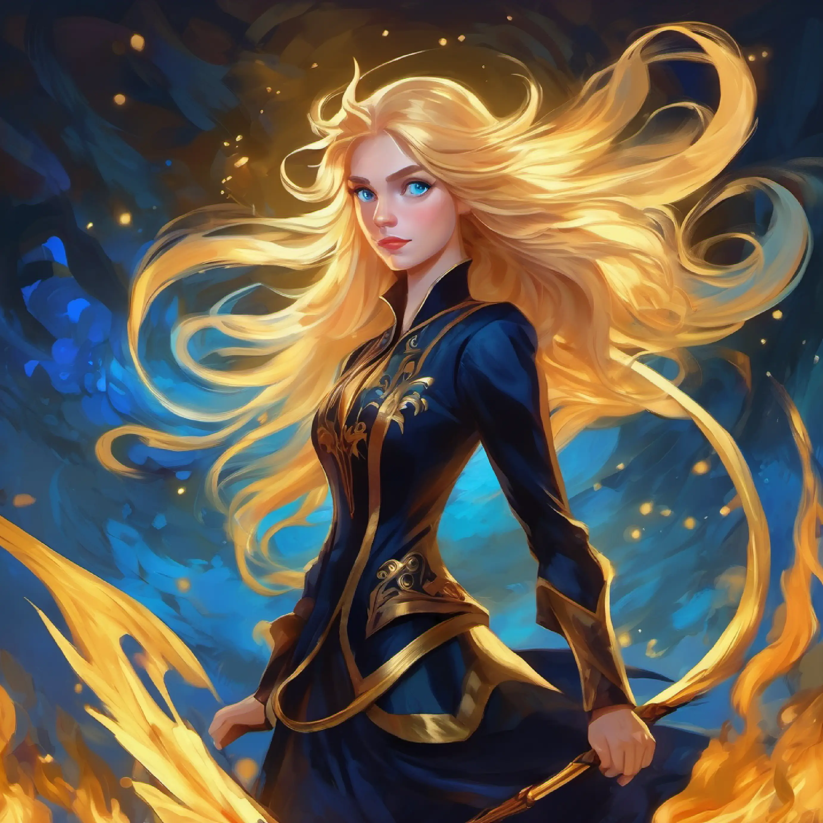 Wicked fairy, dark clothes, menacing putting a curse on Golden hair, blue eyes, beloved by all.