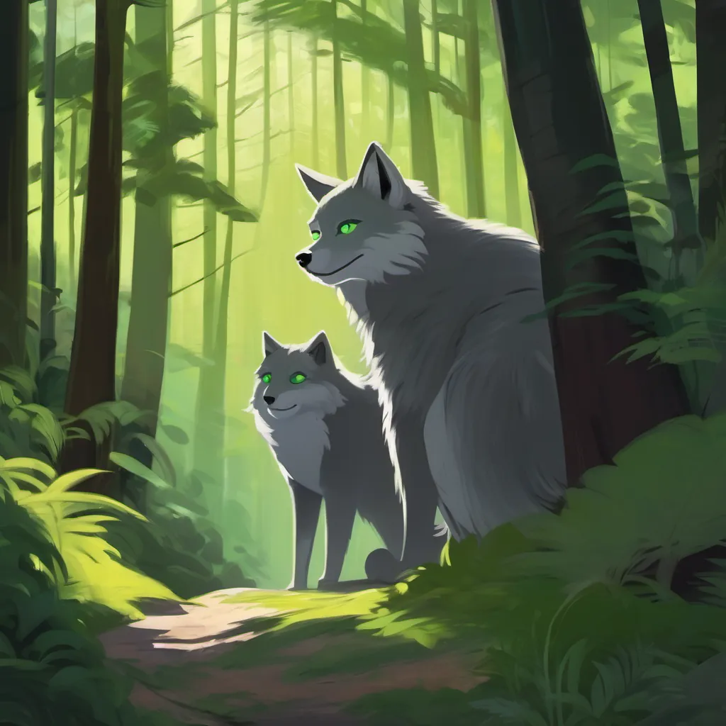 Introduction; dense forest; Gray fur, green eyes with big shadow