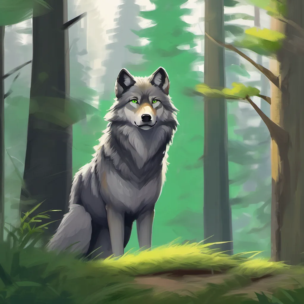 Wolf being proud; forest; Gray fur, green eyes's thoughts