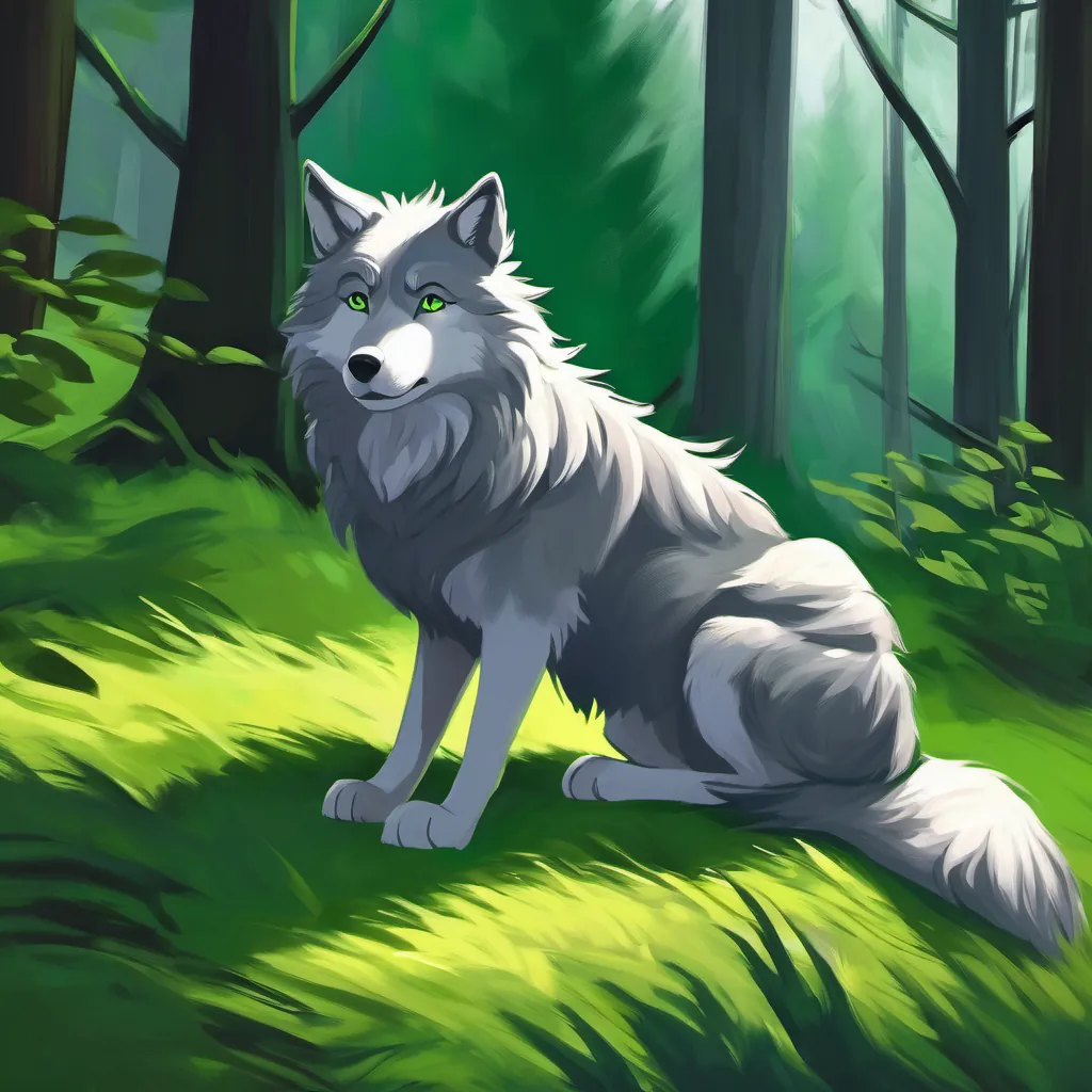 Wolf's concern; worried Gray fur, green eyes; changed shadow