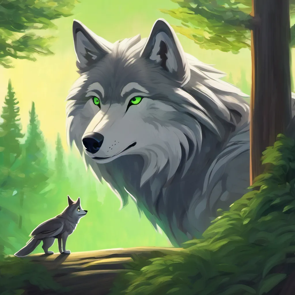 Wolf's wish; thinking Gray fur, green eyes; dialogue with Owl