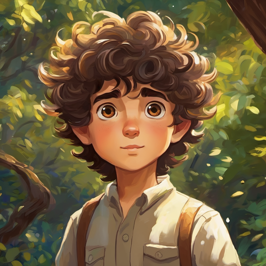 Um menino com cabelo castanho e olhos brilhantes