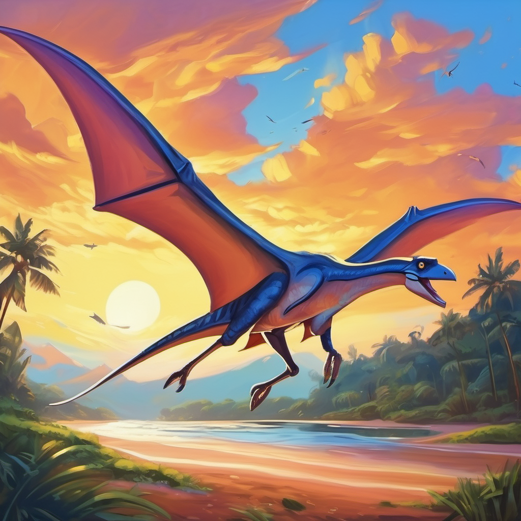 Um dinossauro pterodáctilo com penas brilhantes e asas largas