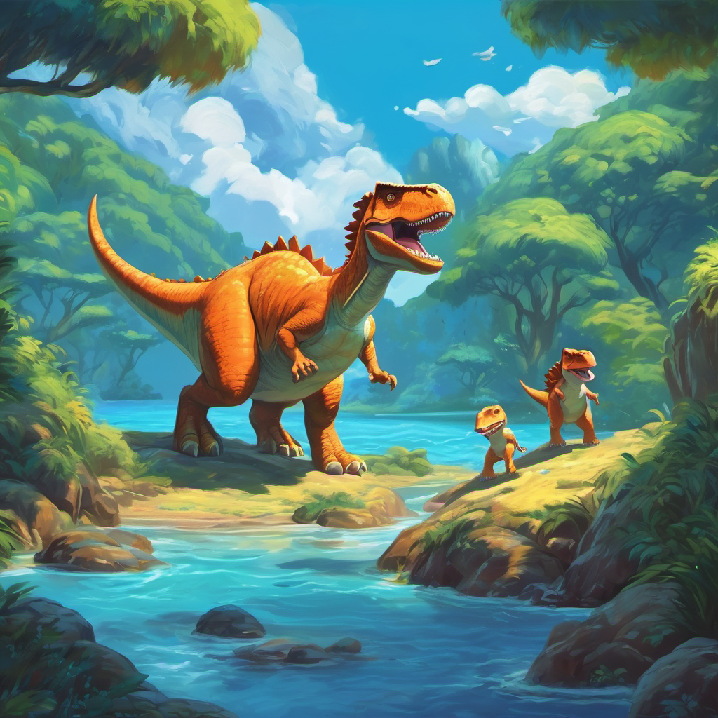 Os dinossauros nadando e pulando na água azul