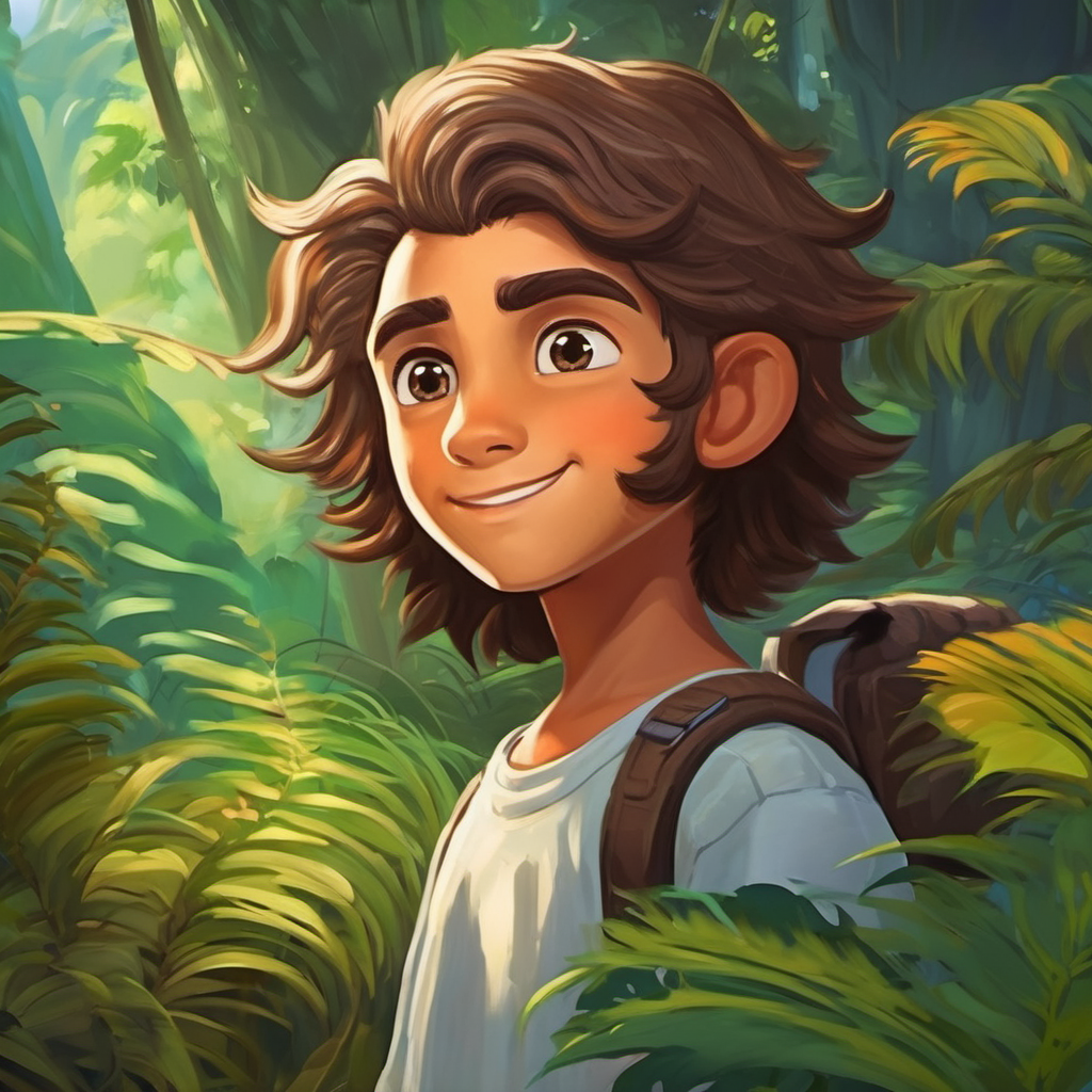 Menino com cabelo castanho e olhos brilhantes. aprendendo dos dinossauros no meio da natureza