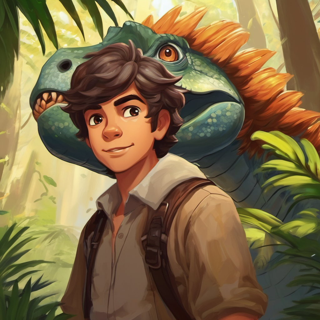 Menino com cabelo castanho e olhos brilhantes. e os dinossauros abraçados e sorrindo felizes