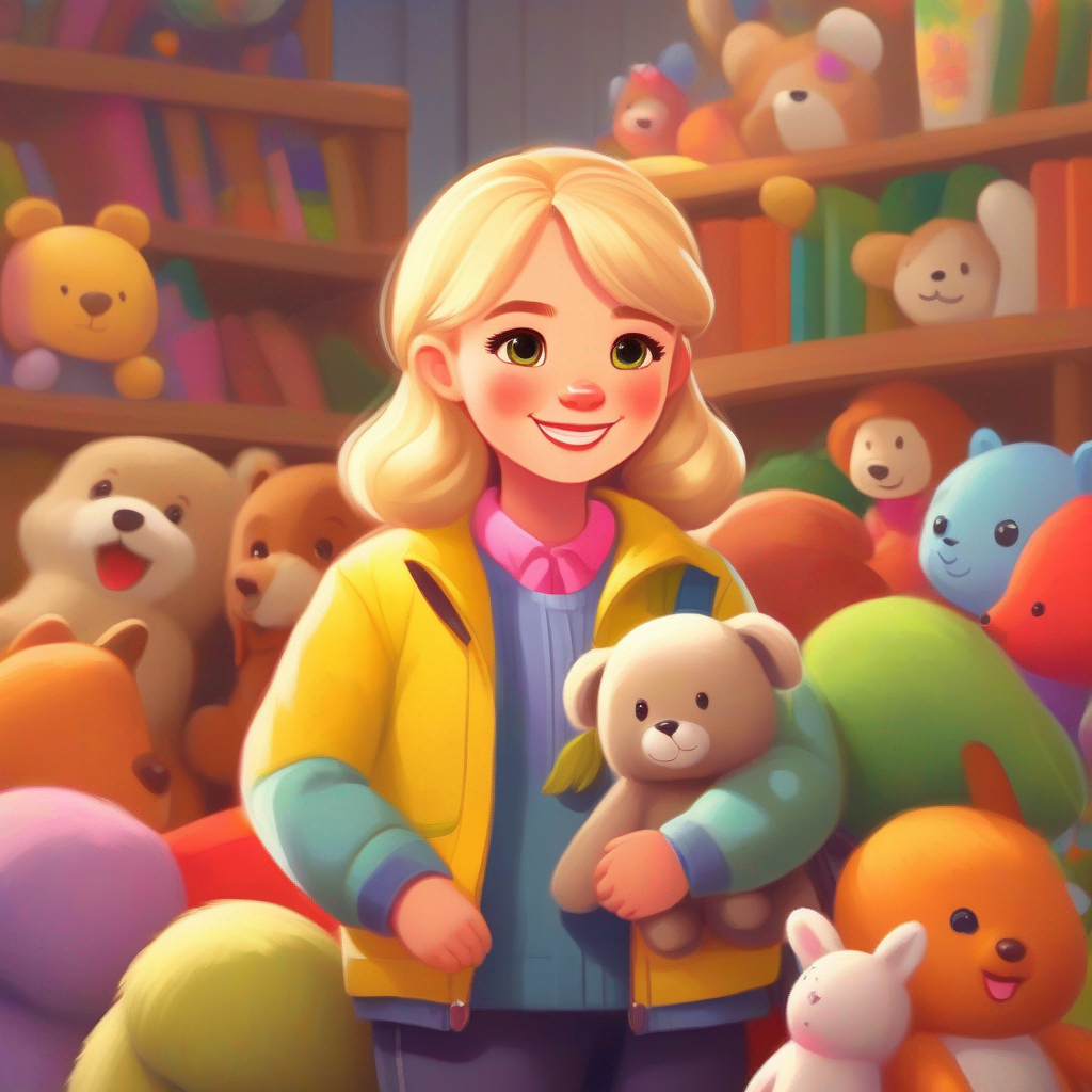 Sarah has blonde hair, warm smile, and wears colorful, friendly clothes. playing teacher with her stuffed animals, colorful and friendly