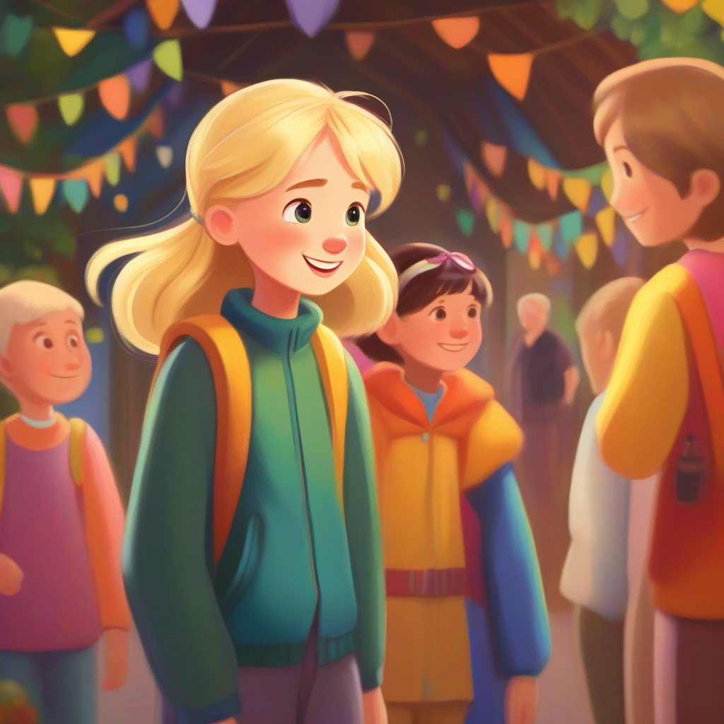 Sarah has blonde hair, warm smile, and wears colorful, friendly clothes. telling her parents her dream, happy and supportive