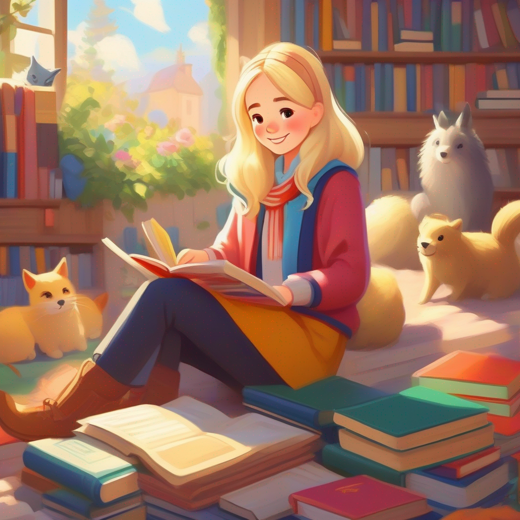 Sarah has blonde hair, warm smile, and wears colorful, friendly clothes. studying and reading books, surrounded by textbooks and animals