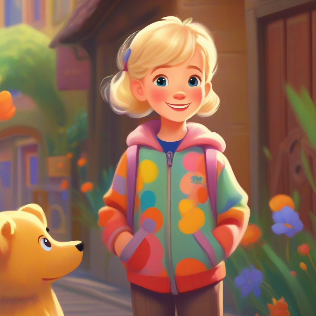 Sarah has blonde hair, warm smile, and wears colorful, friendly clothes. helping younger children, cheerful and caring