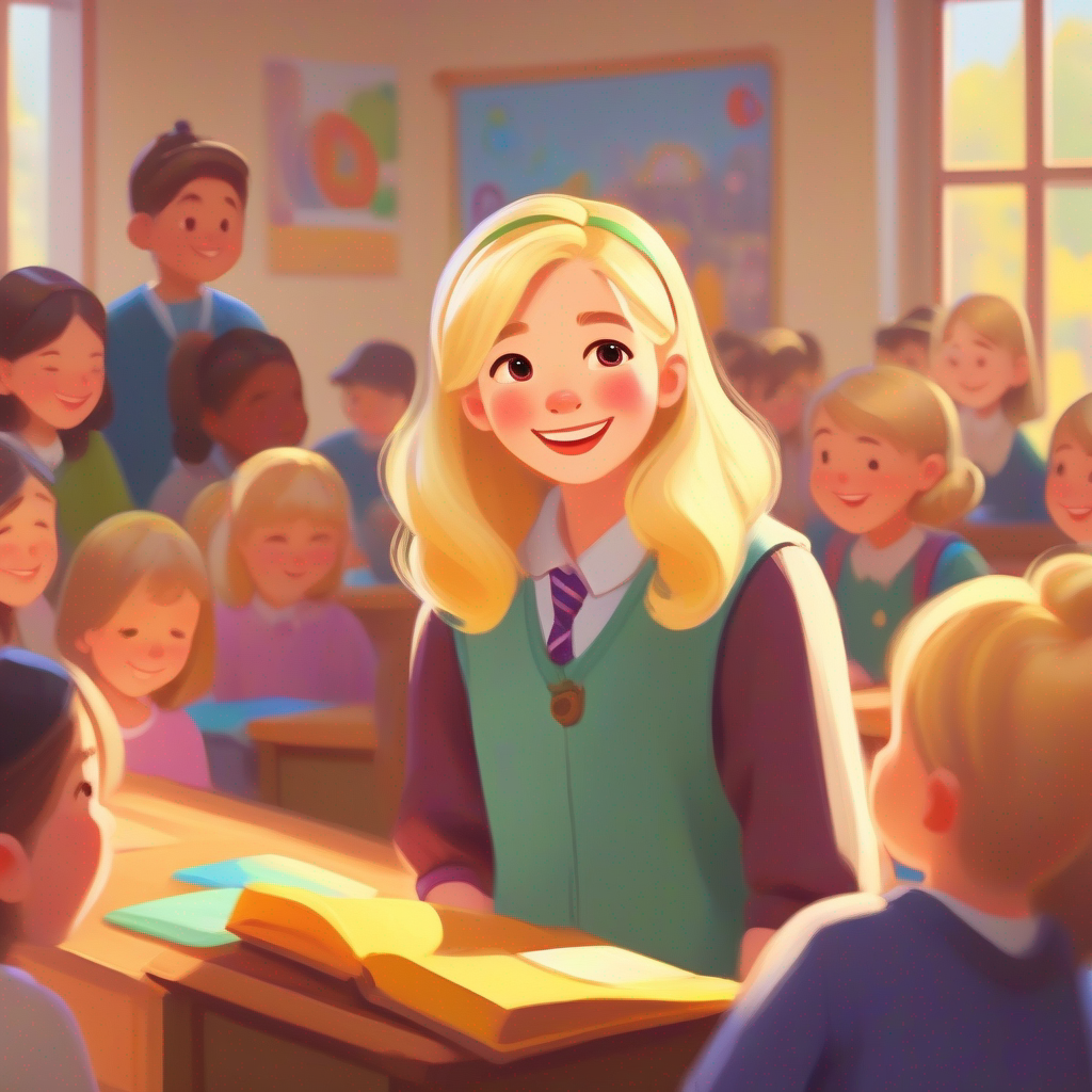 Sarah has blonde hair, warm smile, and wears colorful, friendly clothes. teaching in a classroom, surrounded by happy students