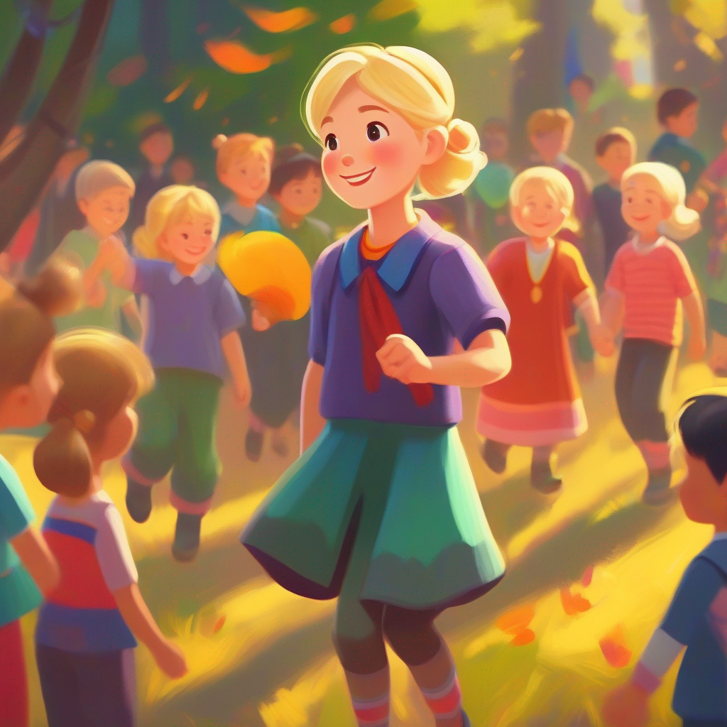 Sarah has blonde hair, warm smile, and wears colorful, friendly clothes. teaching and playing with her students, joyful and proud