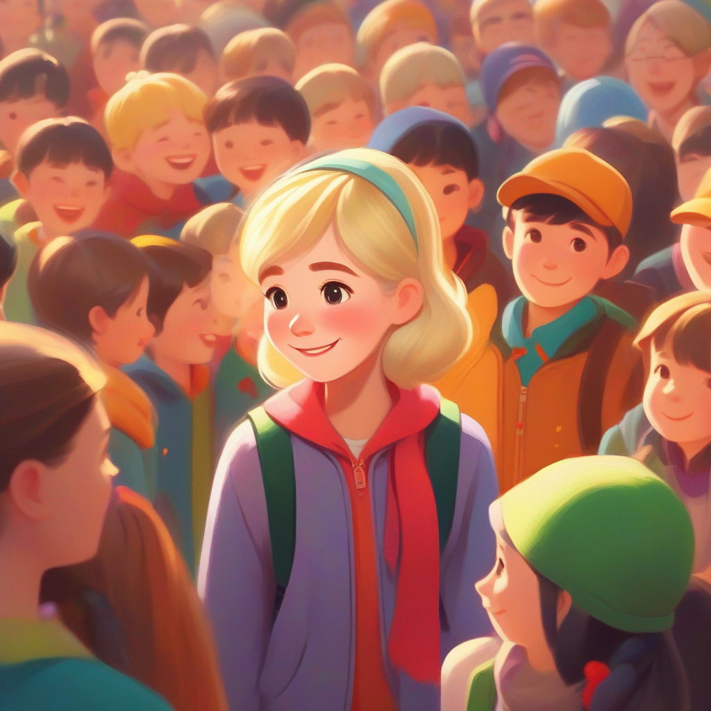 Sarah has blonde hair, warm smile, and wears colorful, friendly clothes. surrounded by grateful and admiring students, respected and wise