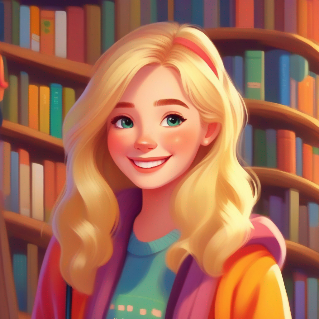 Sarah has blonde hair, warm smile, and wears colorful, friendly clothes. smiling and surrounded by books, proud and optimistic