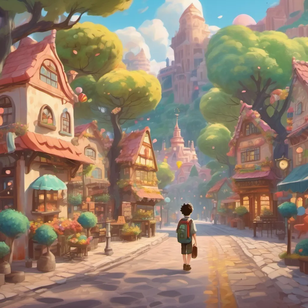 A whimsical town with candy trees and a boy with messy hair