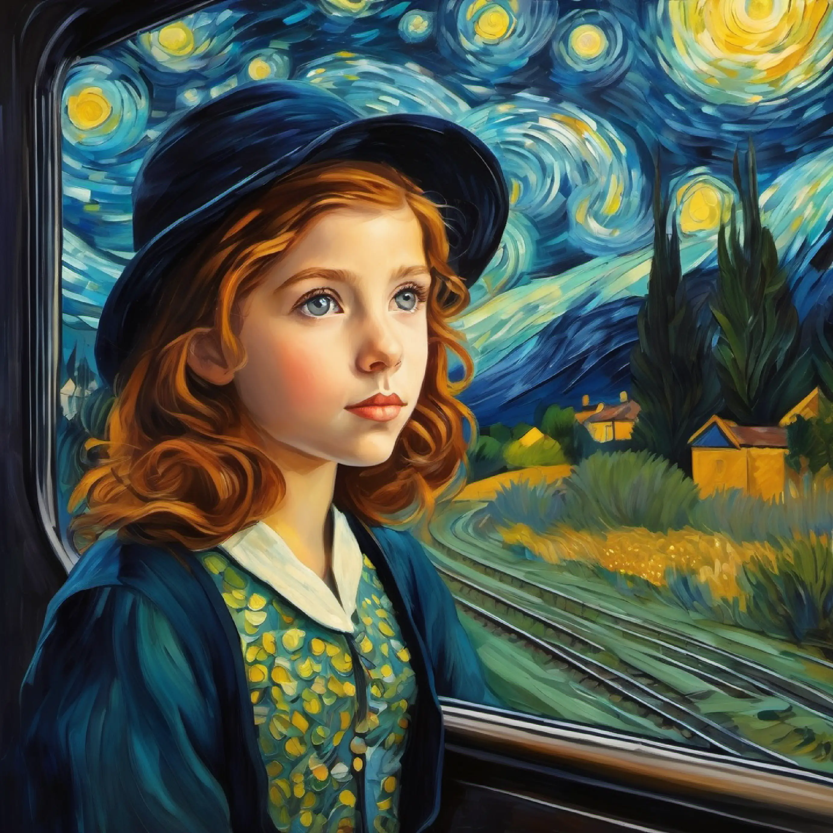 Inquisitive girl with chestnut hair and hazel eyes, loves adventure's train ride, anticipation builds towards Paris.