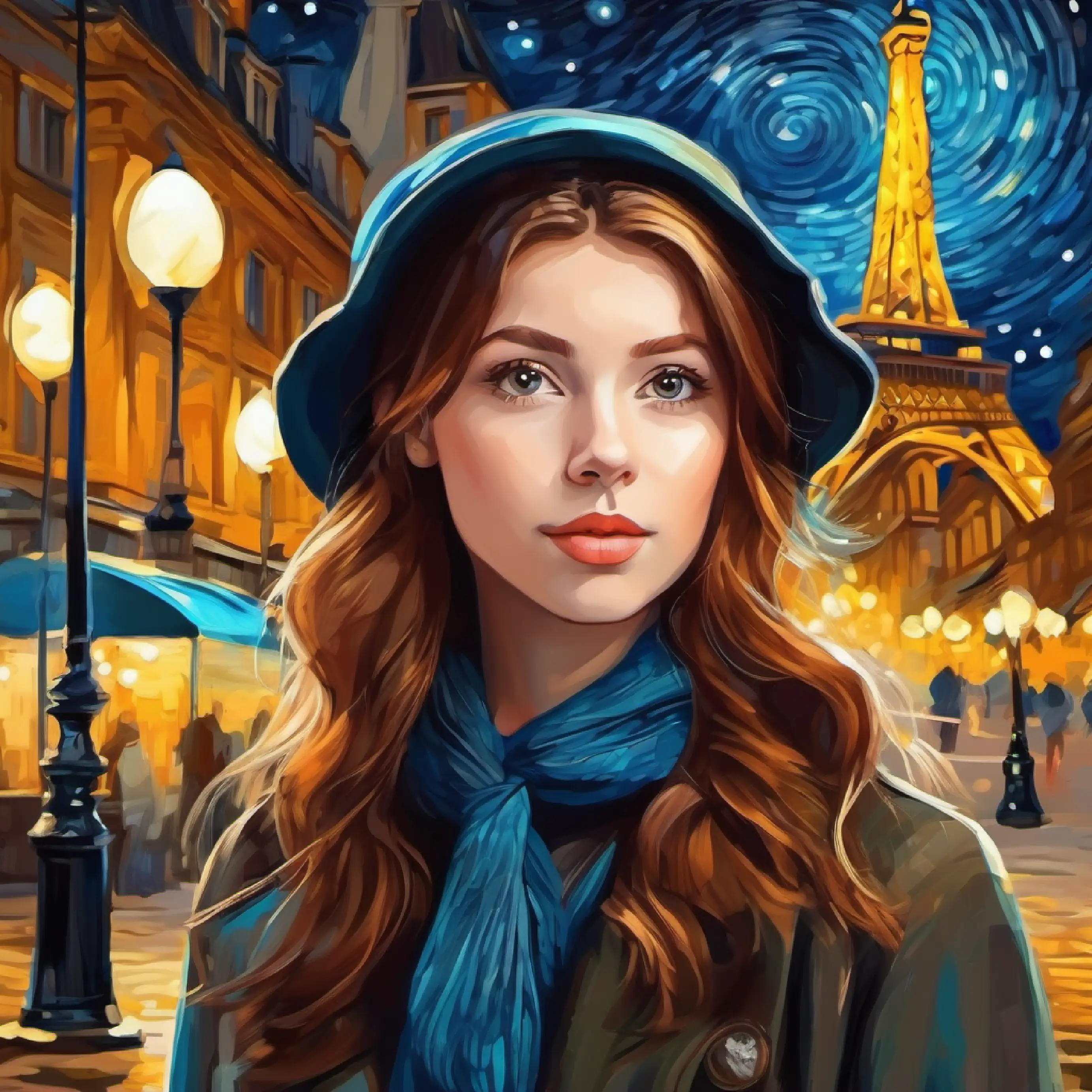 Inquisitive girl with chestnut hair and hazel eyes, loves adventure's arrival in Paris, enchanting city atmosphere.