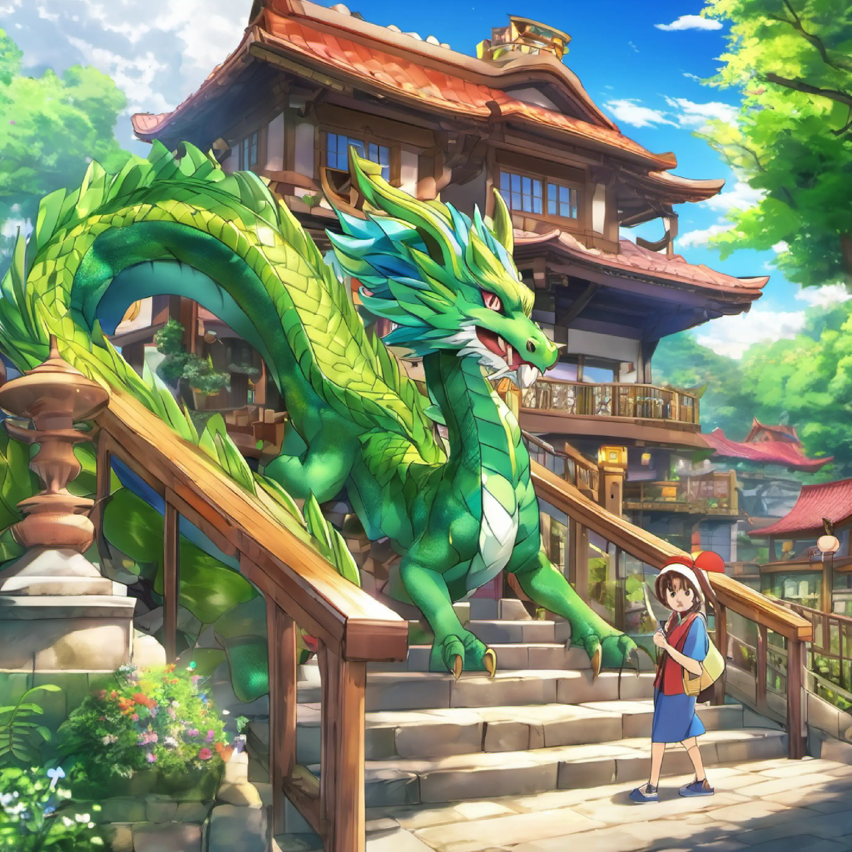 Friends en route, arrive at Iris' village with dragon statues.