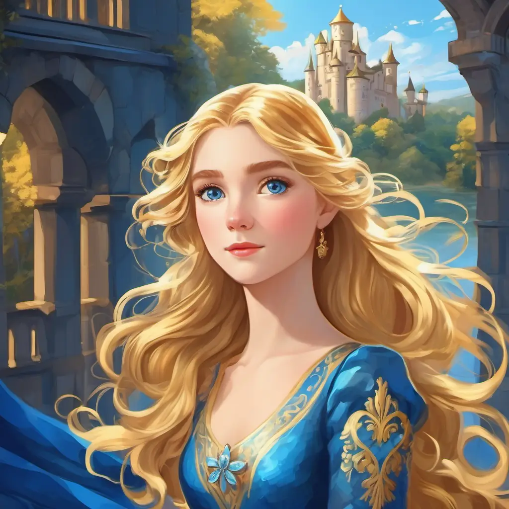 A Golden hair, sparkling blue eyes, beautiful dress with long golden hair and sparkling blue eyes lived in a castle.