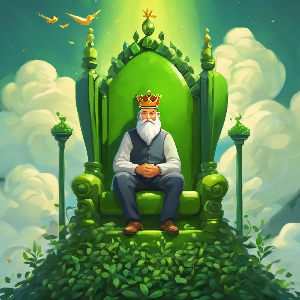 The sneaky Crown on his head, thinking on his throne with a little green pea put beds on top of each other.