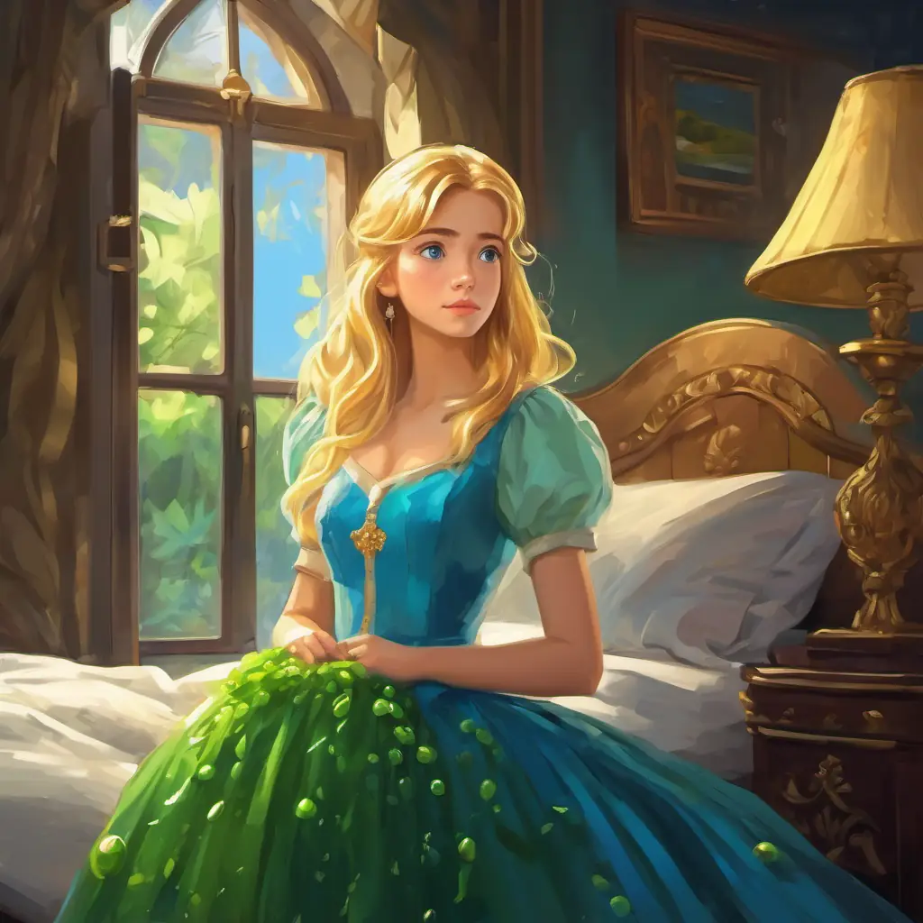 A Golden hair, sparkling blue eyes, beautiful dress with a tiny green pea hidden under the mattress looked worried.