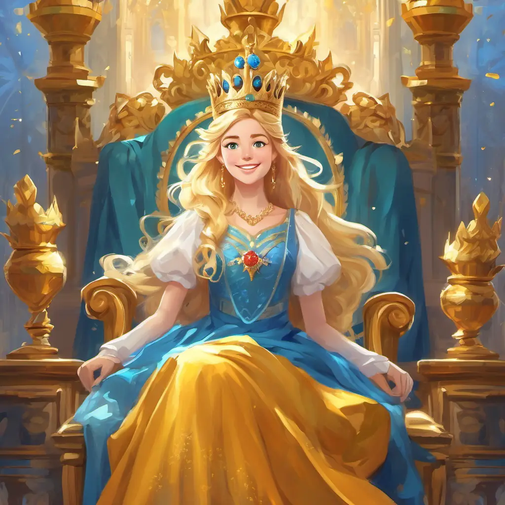 The Crown on his head, thinking on his throne and Wise and kind, with a big smile smiled at the Golden hair, sparkling blue eyes, beautiful dress who showed they were the real one.