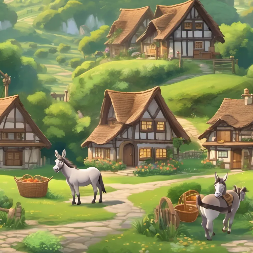 A small village with quaint cottages, a lush green meadow, and an adorable donkey named A cute and determined donkey with light brown fur and expressive eyes carrying baskets.