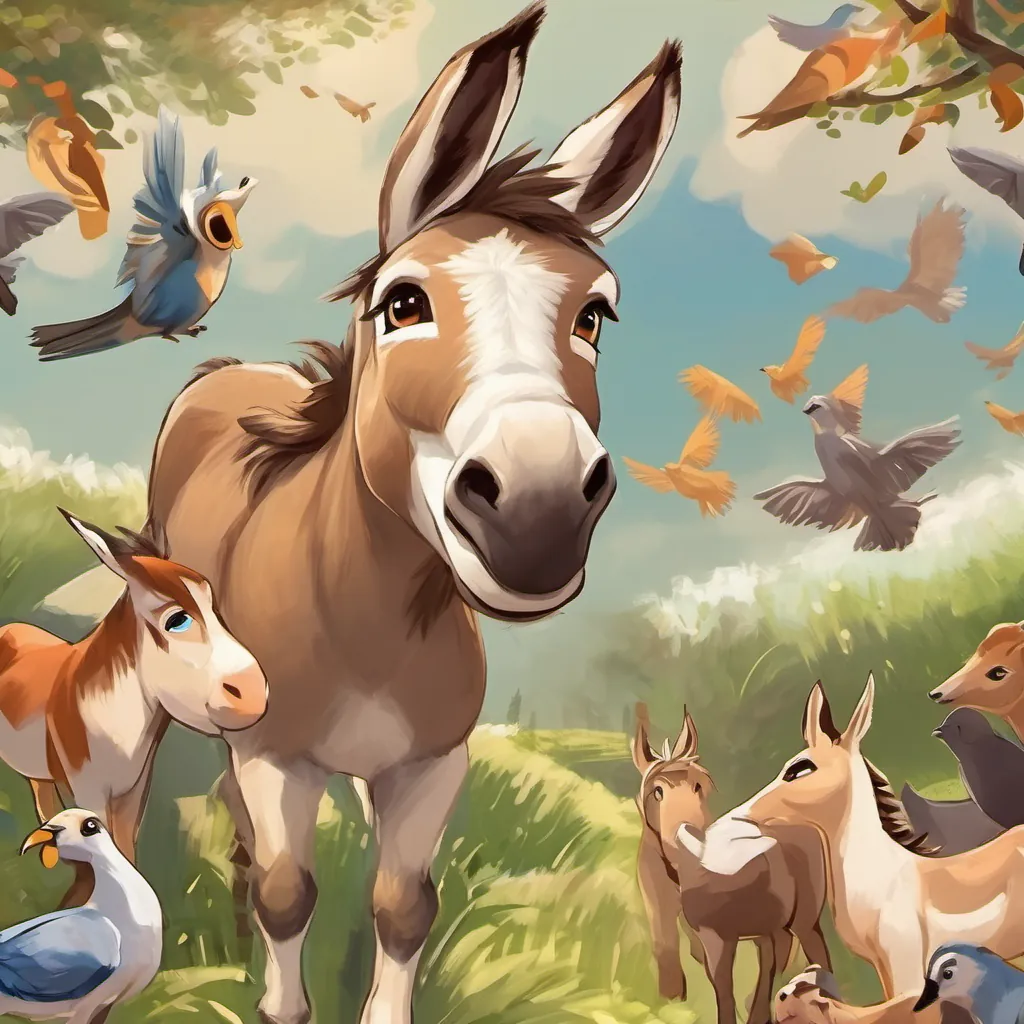 A cute and determined donkey with light brown fur and expressive eyes the donkey looking up at the sky with birds flying, while some village animals laugh at her.