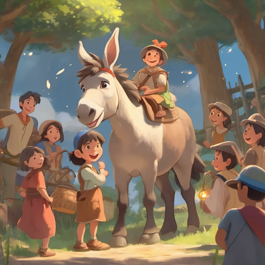 Villagers celebrating with A cute and determined donkey with light brown fur and expressive eyes who is now in the sky, their admiration clear.